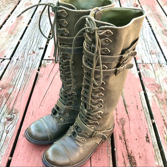 ZIGI GIRL Combat Boots Tall Strap Buckle Khaki 6.5 - Picture 2 of 8